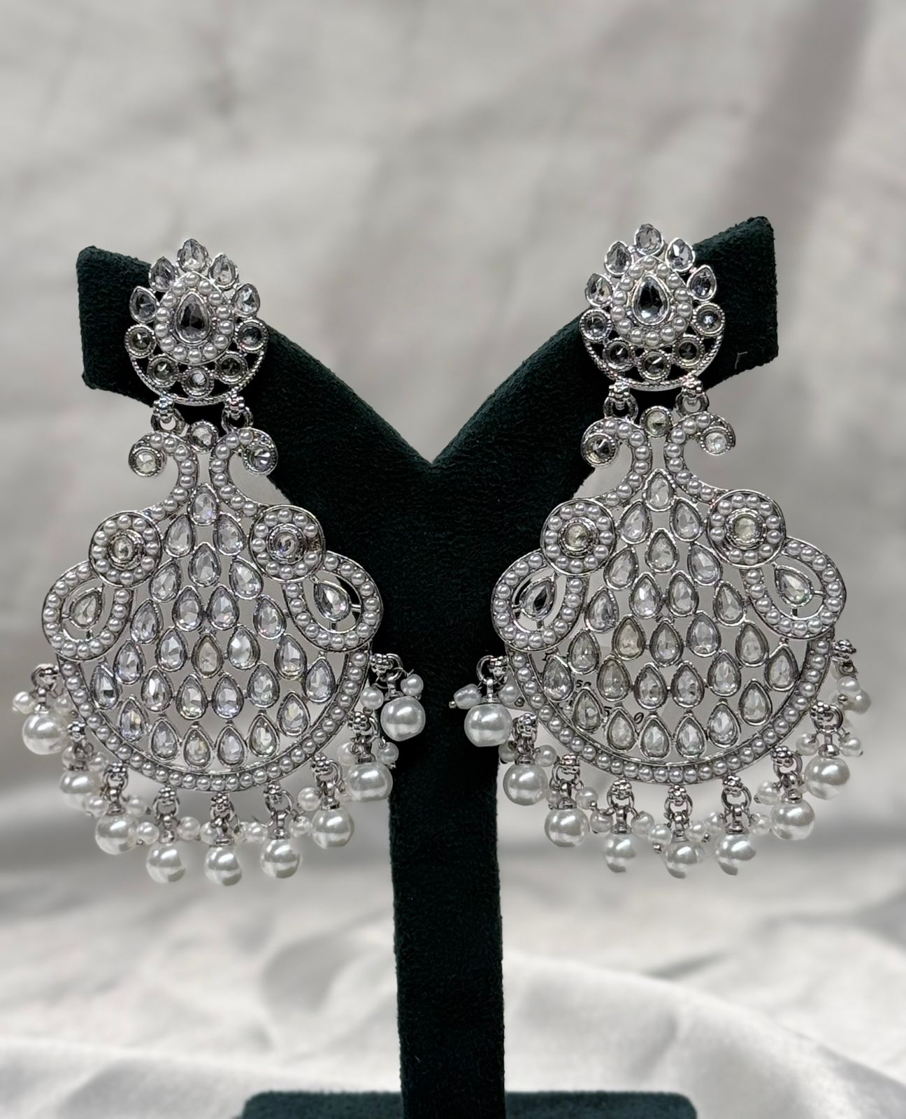 Silver Finish Kundan Chandbali Earrings with Pearl Drops,llb617