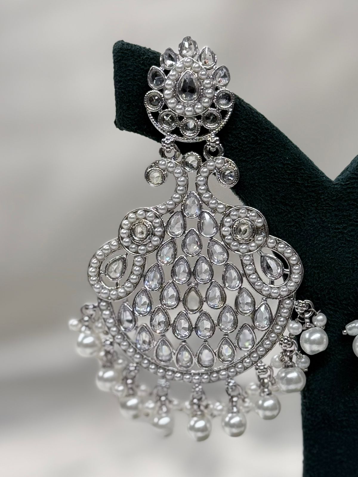 Silver Finish Kundan Chandbali Earrings with Pearl Drops,llb617