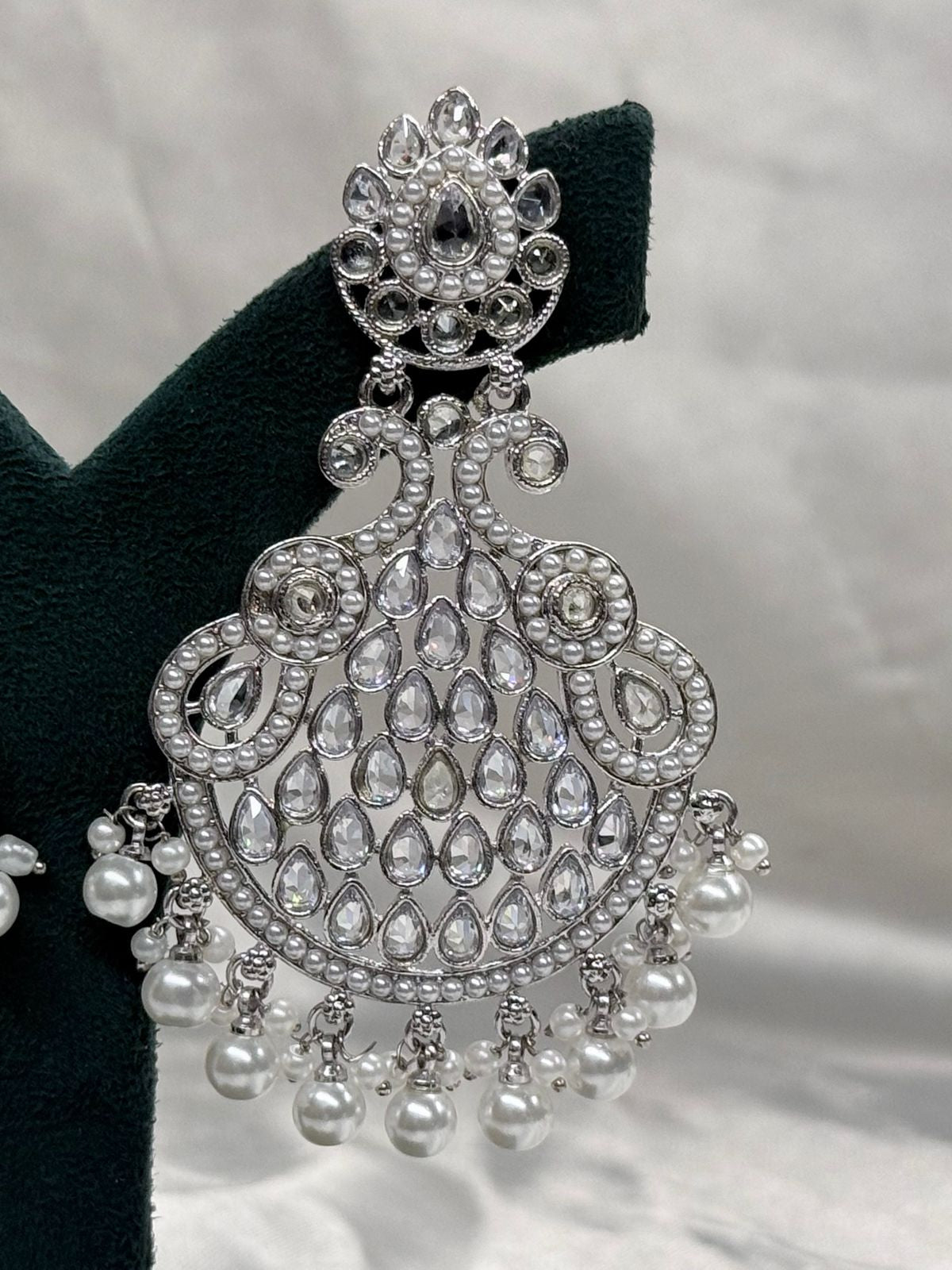 Silver Finish Kundan Chandbali Earrings with Pearl Drops,llb617