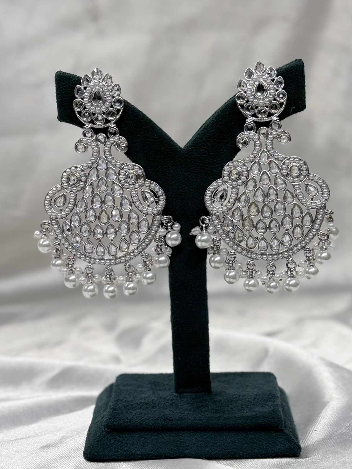 Silver Finish Kundan Chandbali Earrings with Pearl Drops,llb617