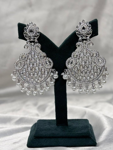 Silver Finish Kundan Chandbali Earrings with Pearl Drops,llb617
