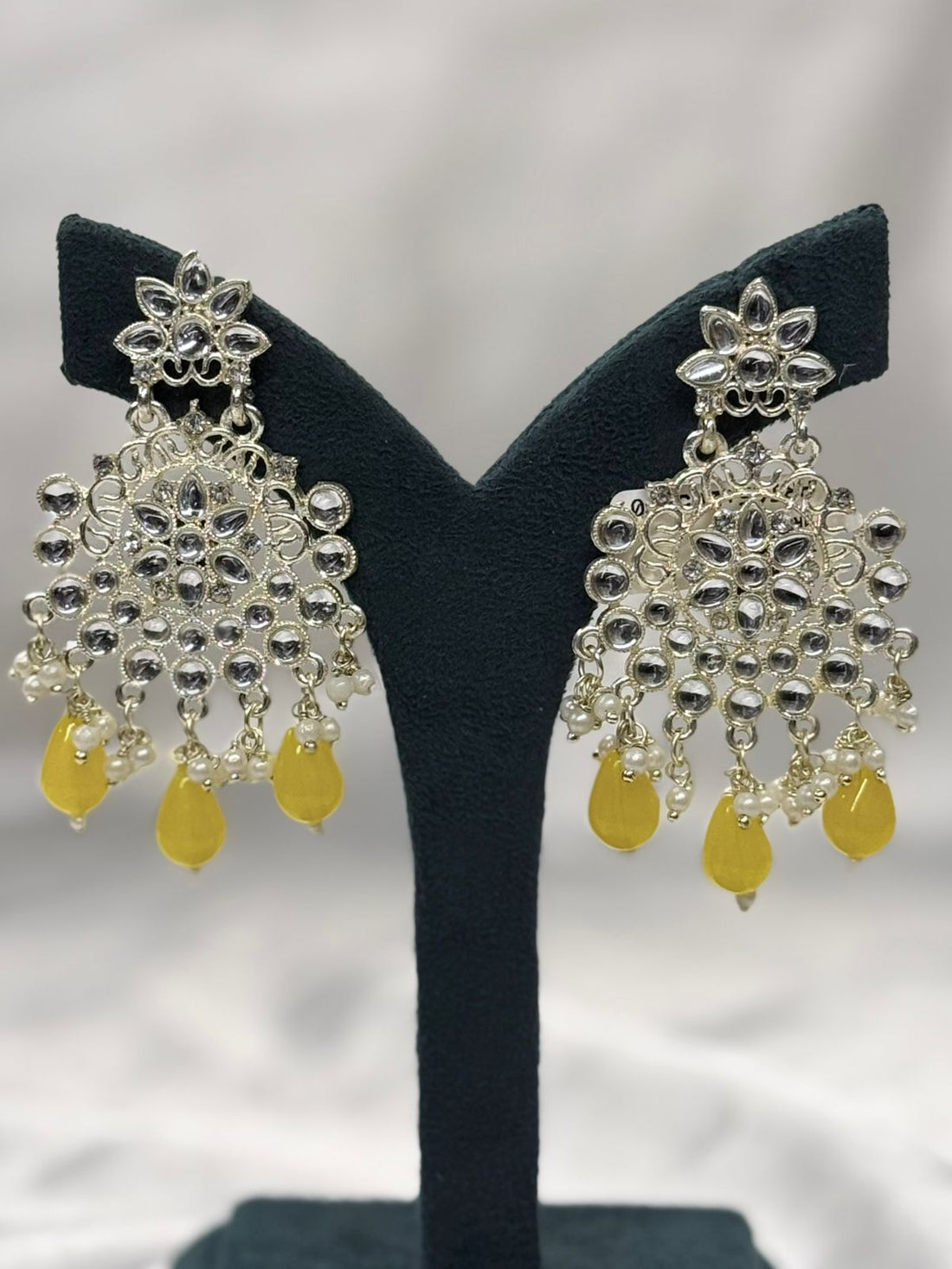 Gold Finish Kundan Chandbali Earrings with Yellow Drops,llb613