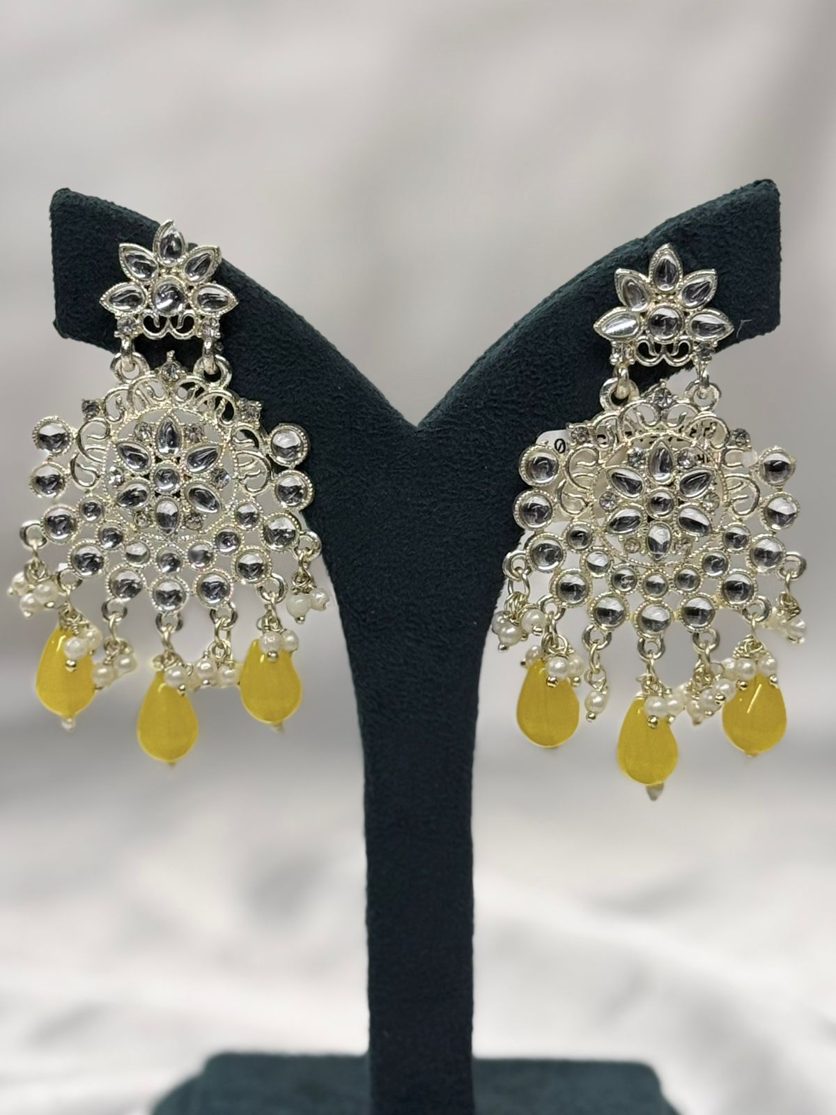Gold Finish Kundan Chandbali Earrings with Yellow Drops,llb613