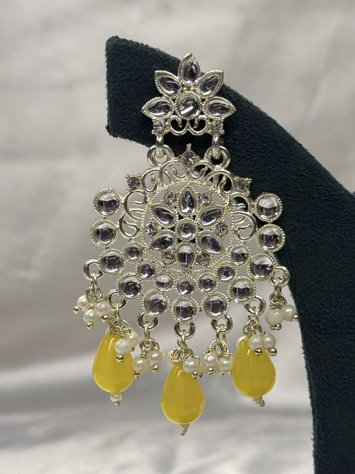 Gold Finish Kundan Chandbali Earrings with Yellow Drops,llb613