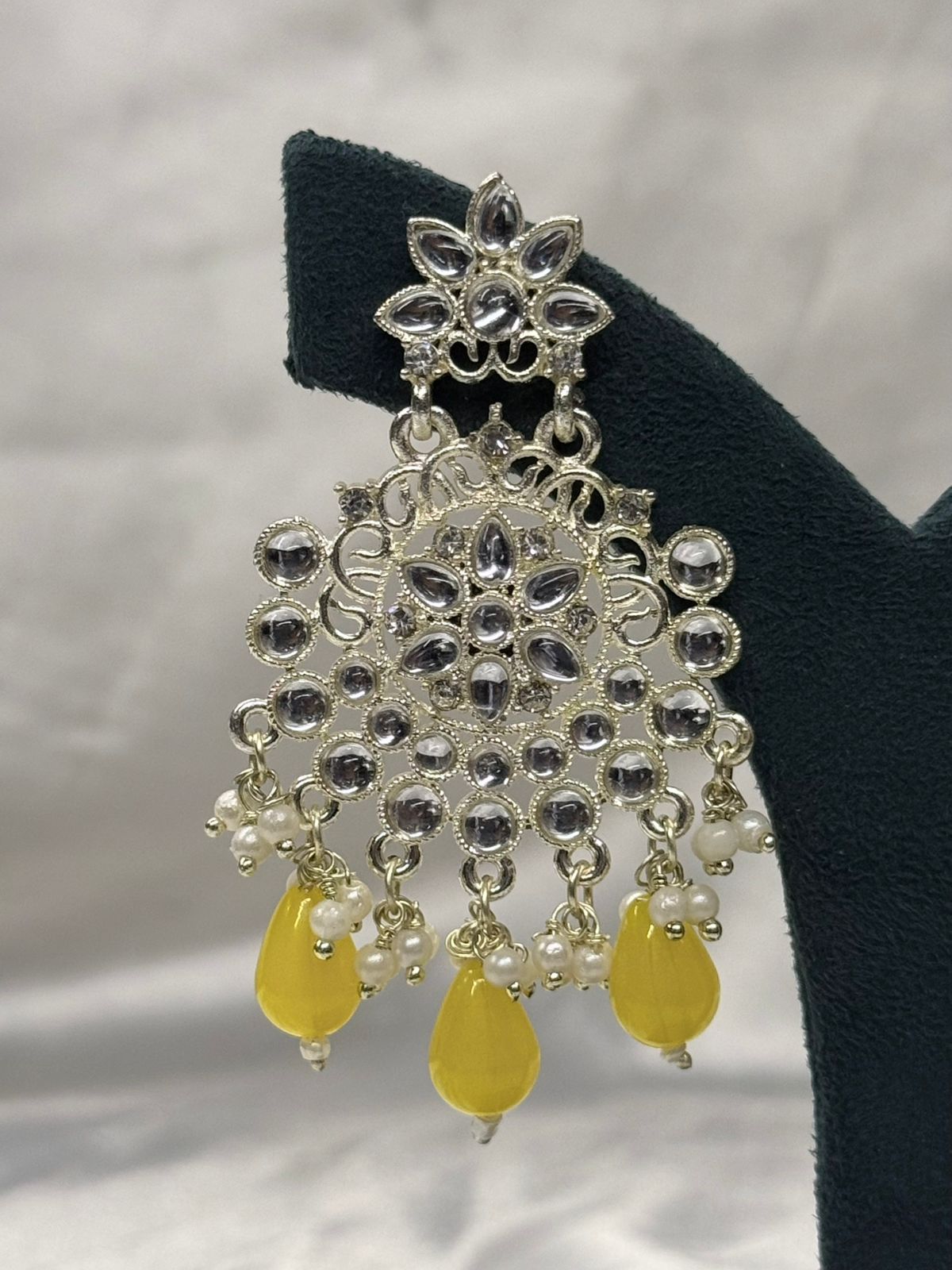 Gold Finish Kundan Chandbali Earrings with Yellow Drops,llb613