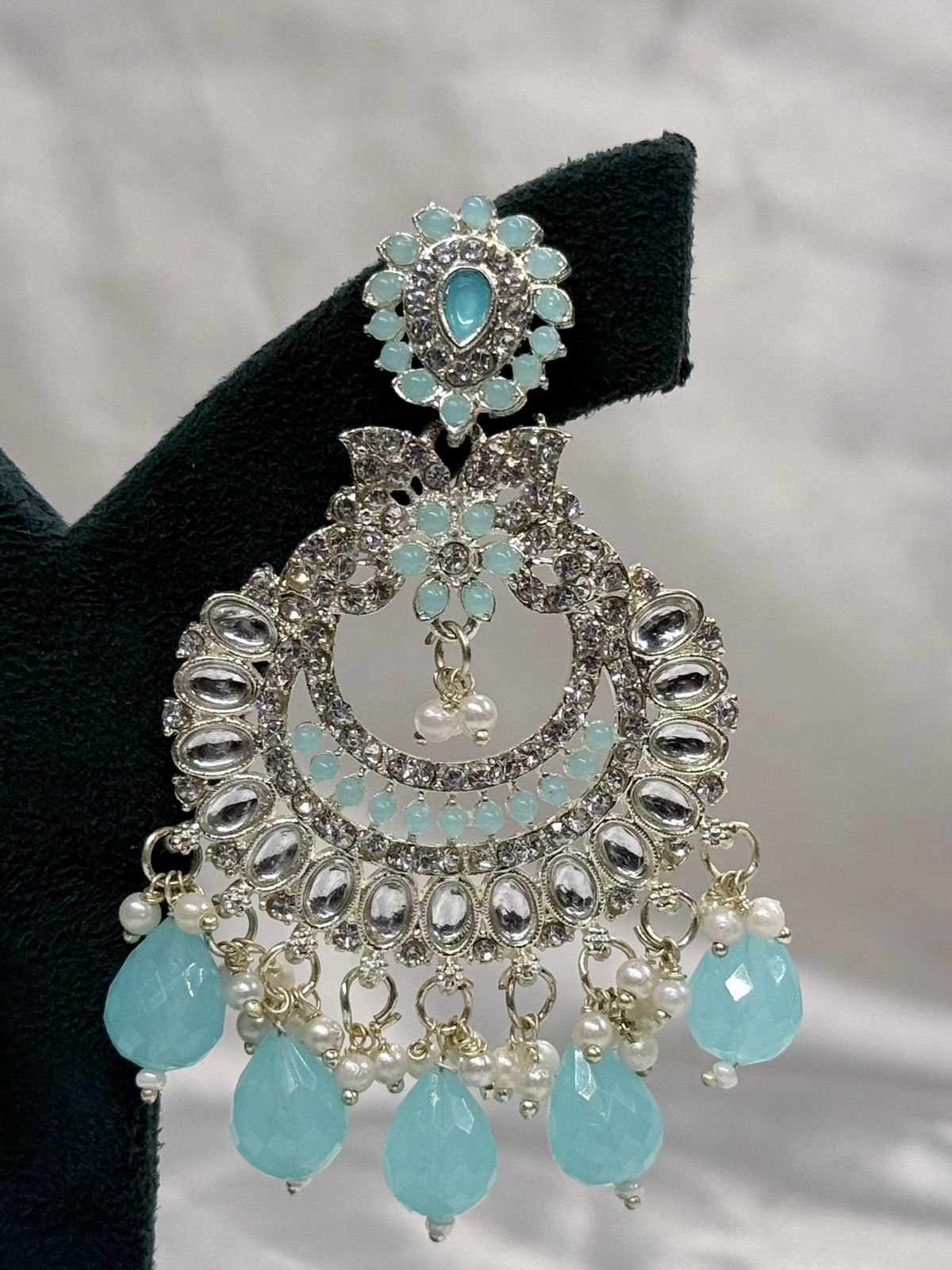 Mint Green Kundan Chandbali Earrings with Pearl Drops,llb611