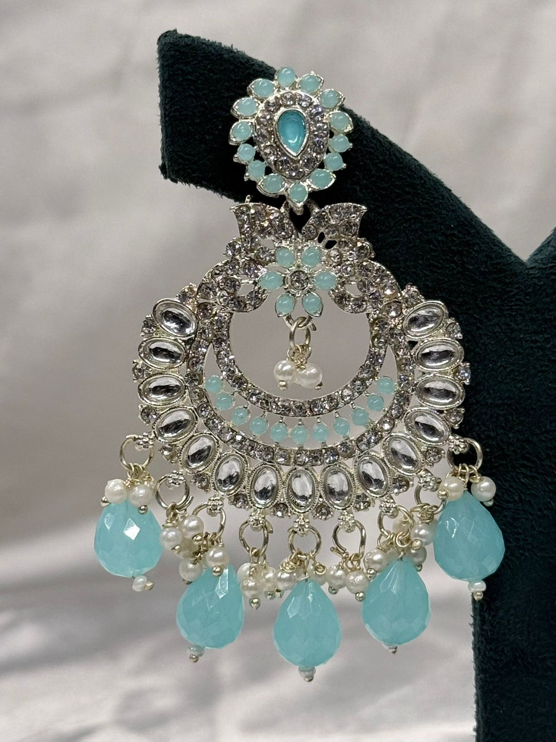 Mint Green Kundan Chandbali Earrings with Pearl Drops,llb611