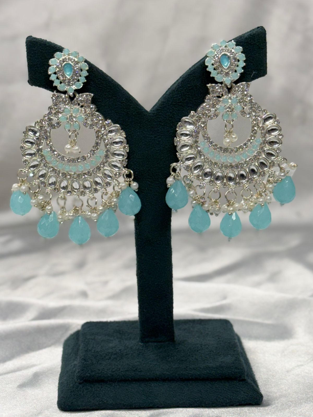 Mint Green Kundan Chandbali Earrings with Pearl Drops,llb611