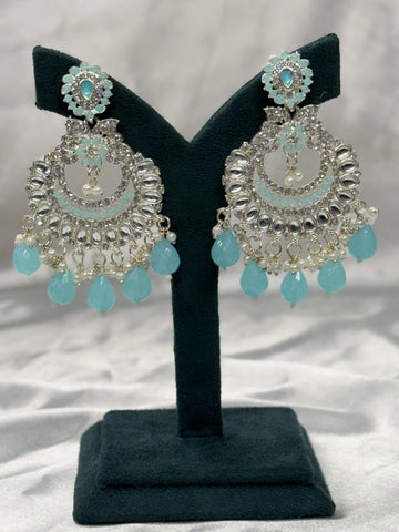 Mint Green Kundan Chandbali Earrings with Pearl Drops,llb611
