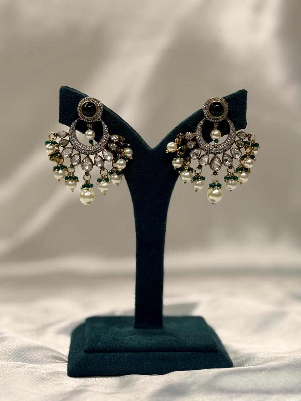 Green Stone Pearl Chandbali Earrings for Women,llb659