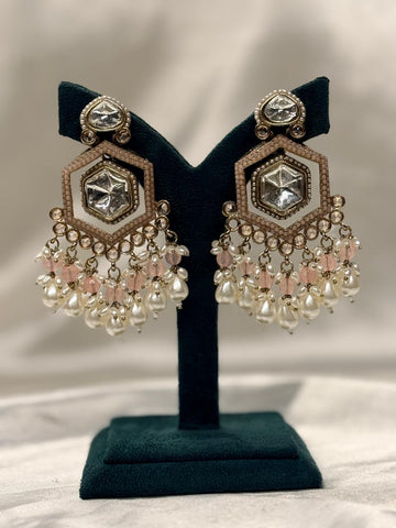 Blush Pink Hexagon Kundan Drop Earrings with Pearl Tassels,llb654