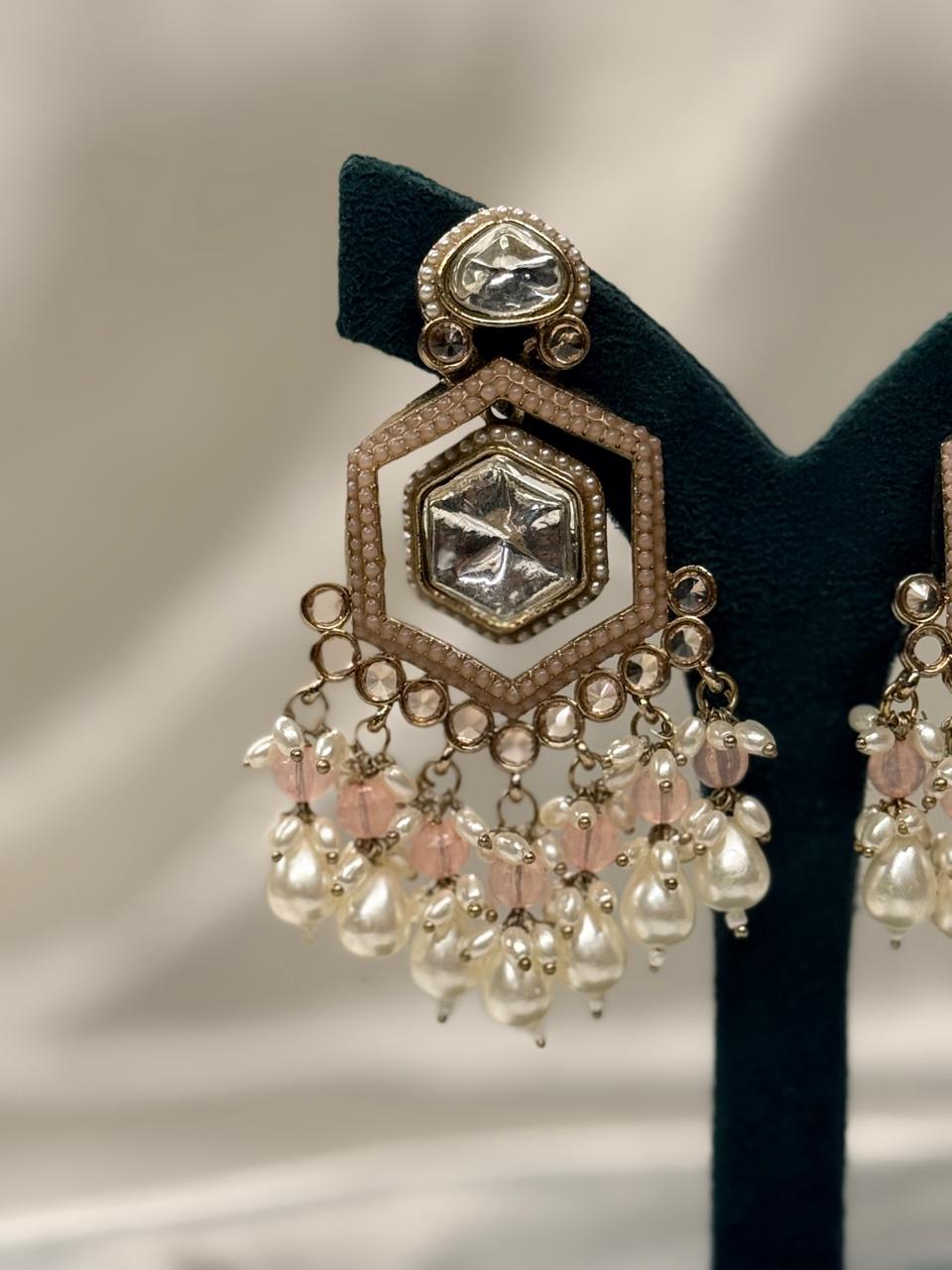 Blush Pink Hexagon Kundan Drop Earrings with Pearl Tassels,llb654