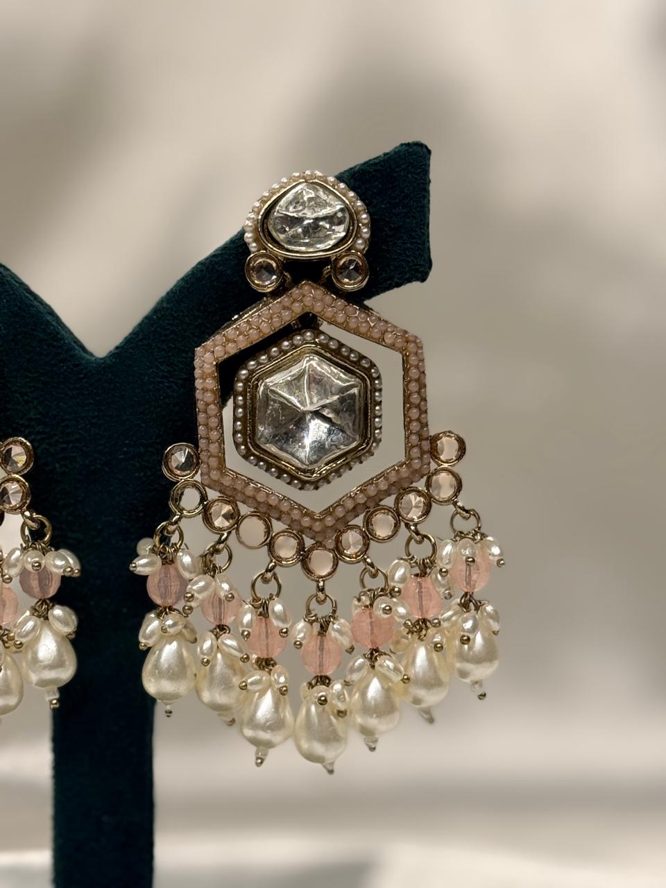 Blush Pink Hexagon Kundan Drop Earrings with Pearl Tassels,llb654