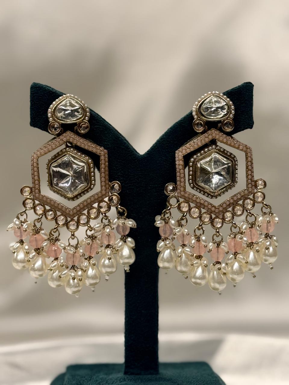 Blush Pink Hexagon Kundan Drop Earrings with Pearl Tassels,llb654