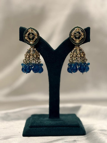 Green Kundan Jhumka Earrings with Teal Bead Drops,llb655