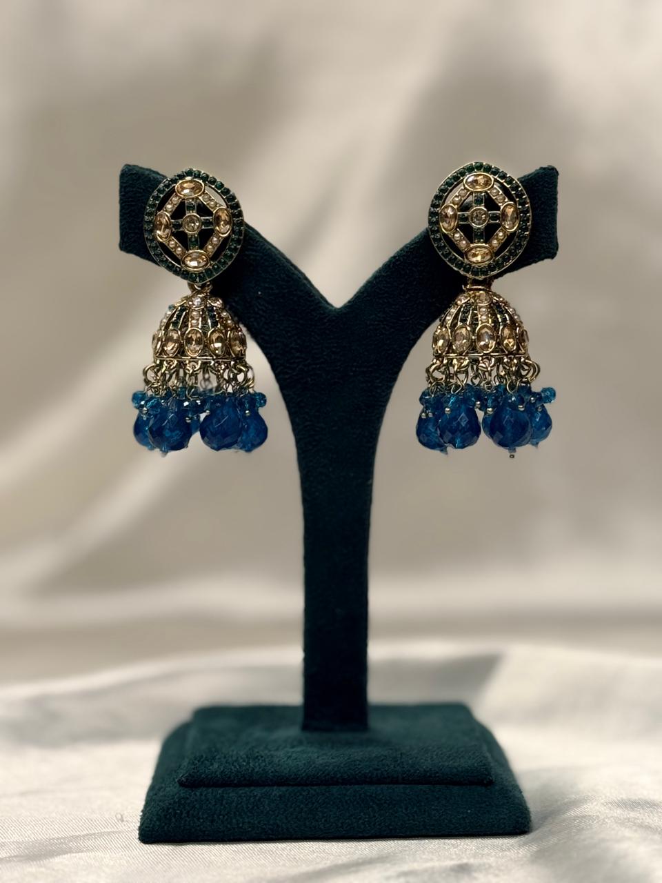 Green Kundan Jhumka Earrings with Teal Bead Drops,llb655