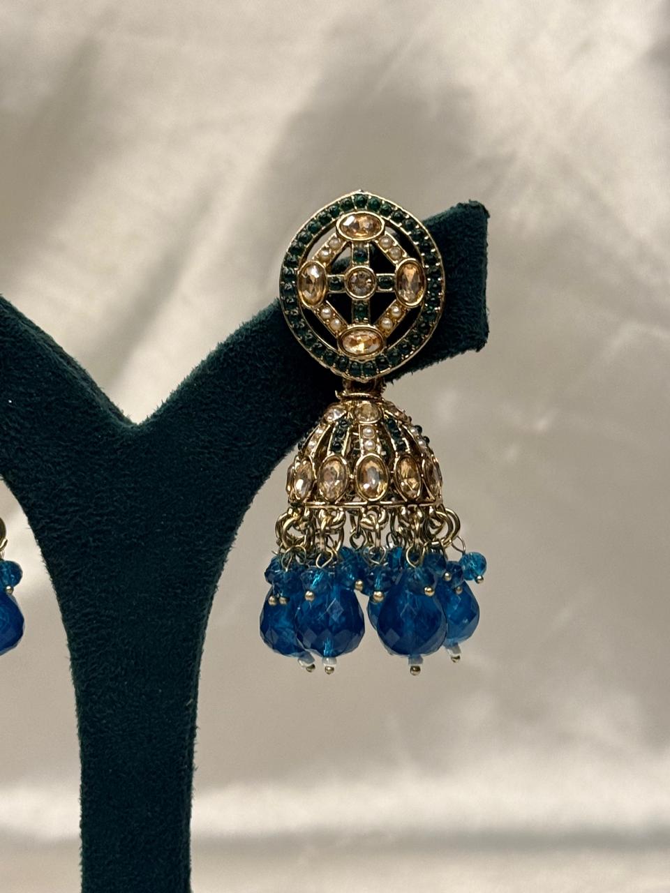 Green Kundan Jhumka Earrings with Teal Bead Drops,llb655