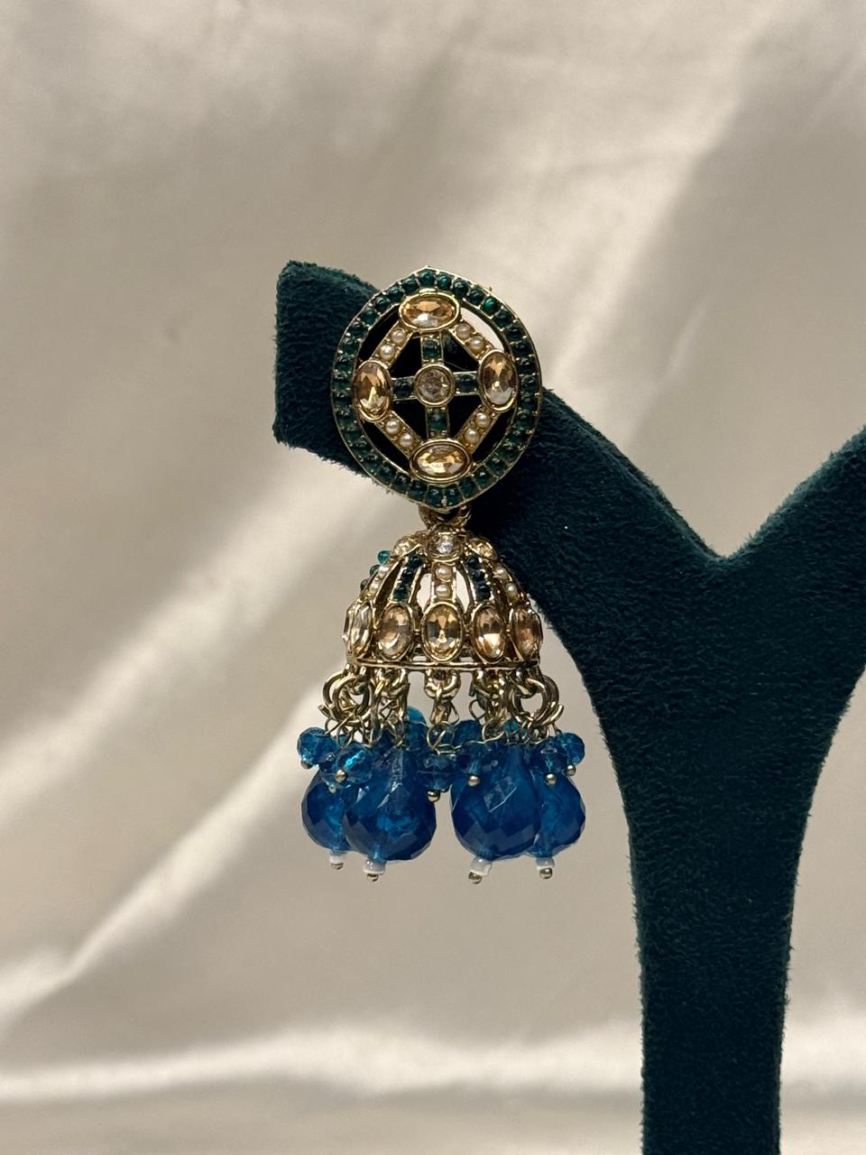 Green Kundan Jhumka Earrings with Teal Bead Drops,llb655