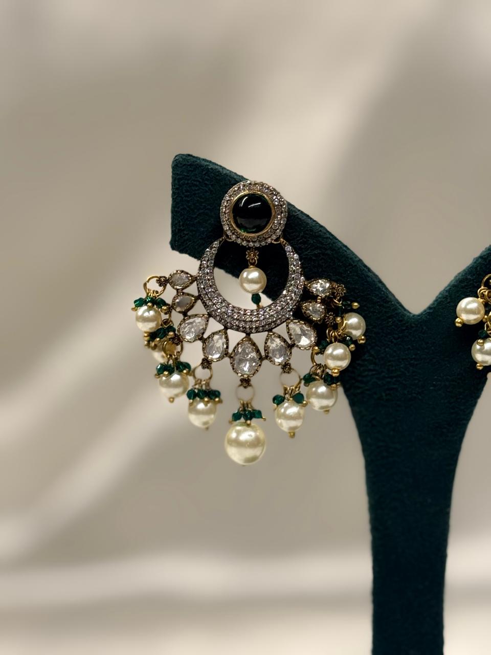Green Stone Pearl Chandbali Earrings for Women,llb659
