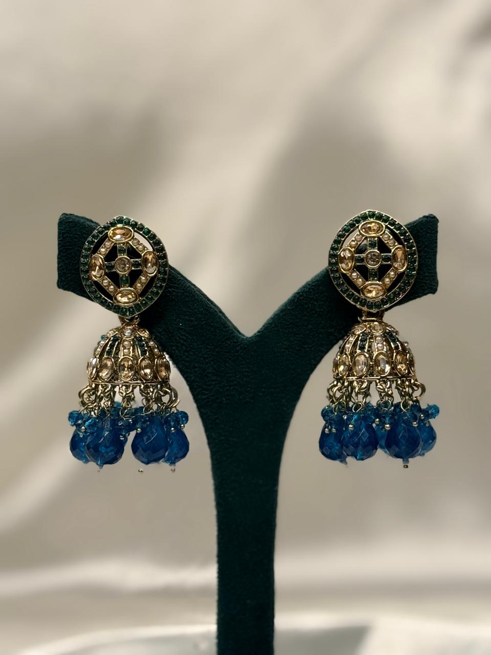 Green Kundan Jhumka Earrings with Teal Bead Drops,llb655