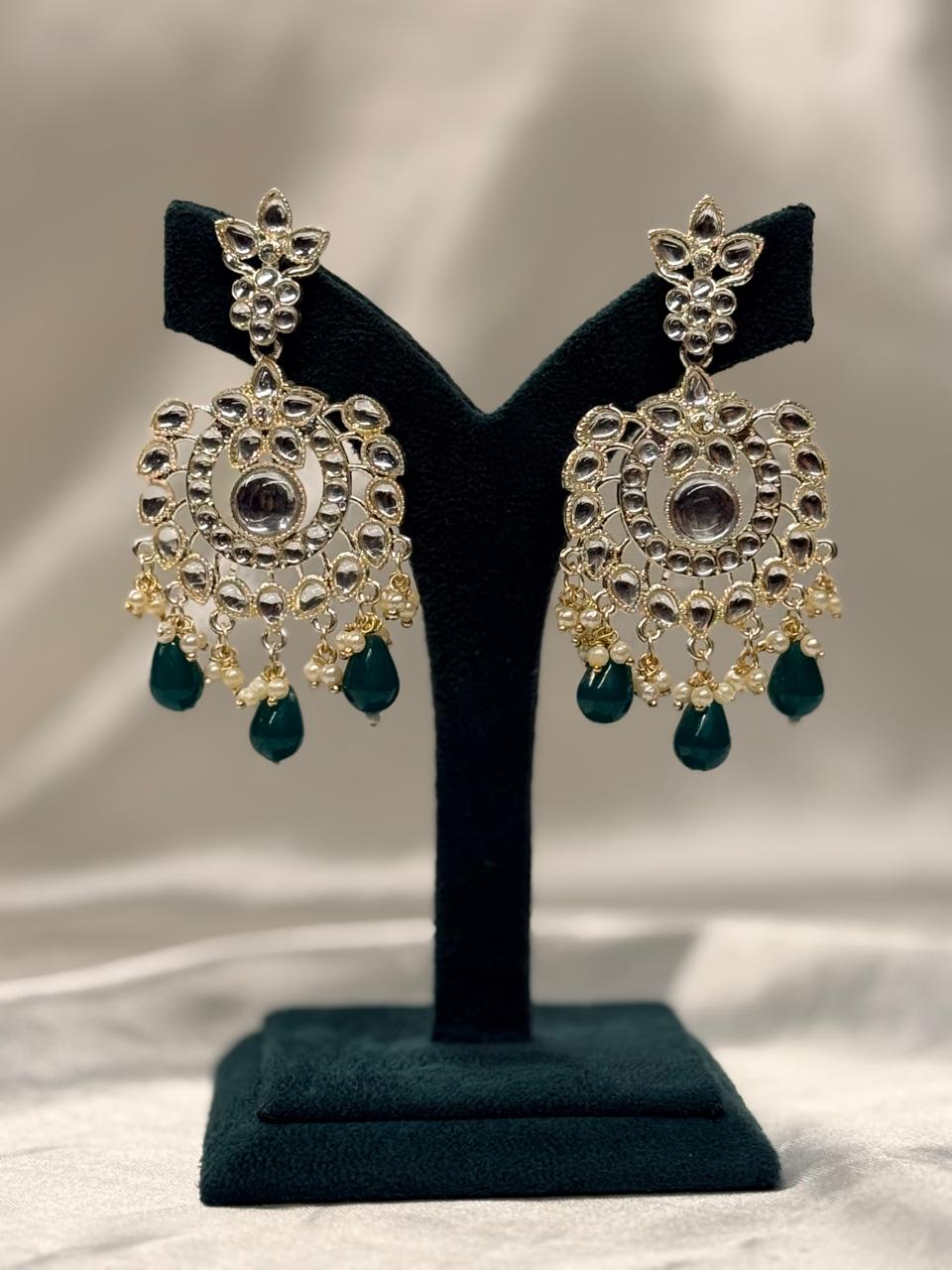 Gold Plated Kundan Chandbali Earrings with Green Bead Drops,llb651