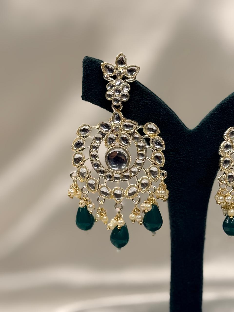 Gold Plated Kundan Chandbali Earrings with Green Bead Drops,llb651