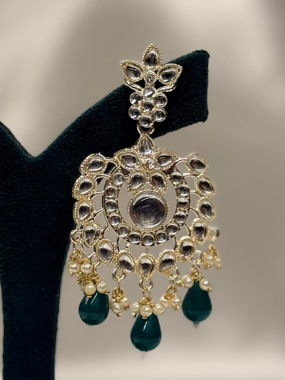 Gold Plated Kundan Chandbali Earrings with Green Bead Drops,llb651