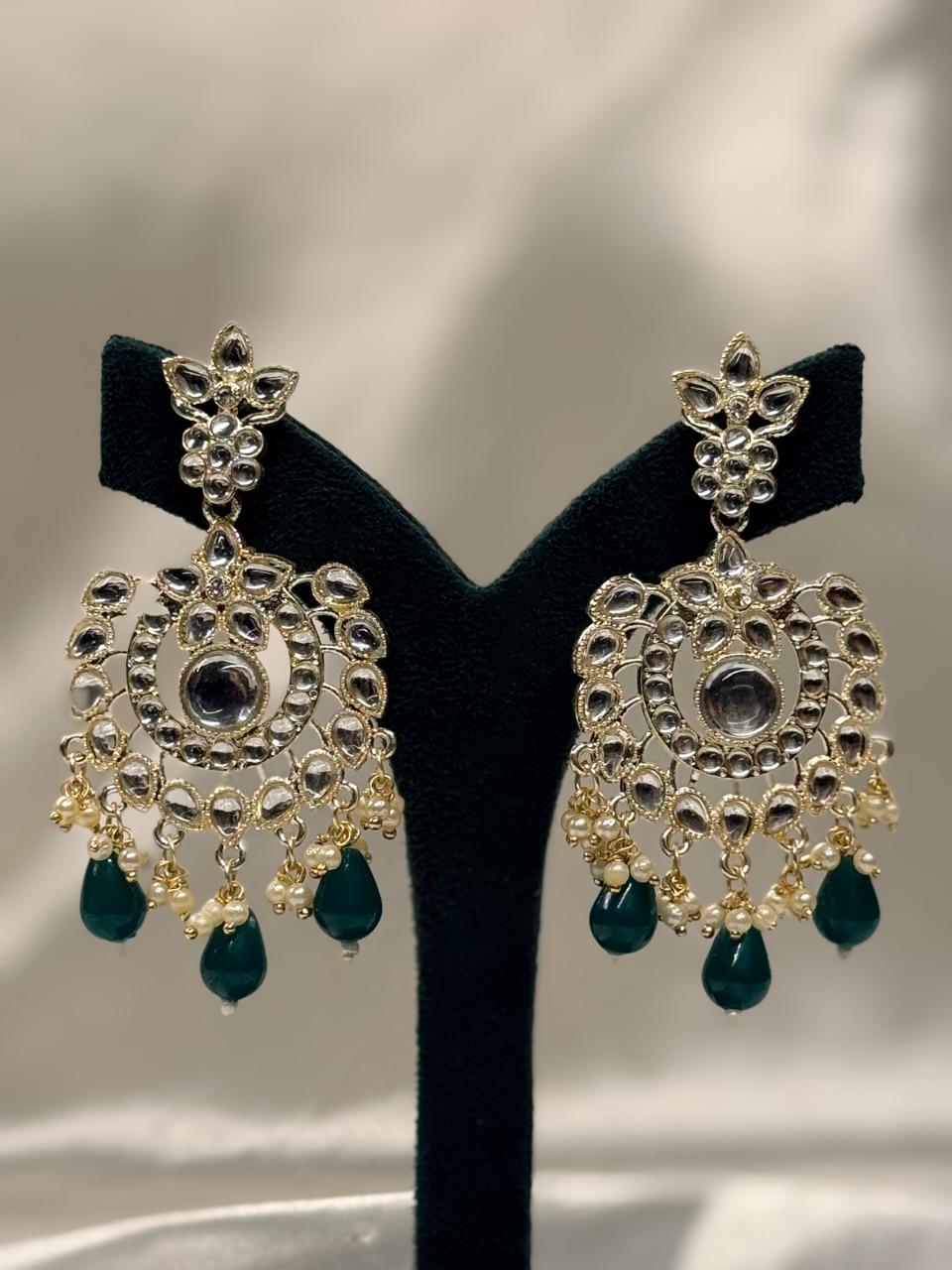 Gold Plated Kundan Chandbali Earrings with Green Bead Drops,llb651