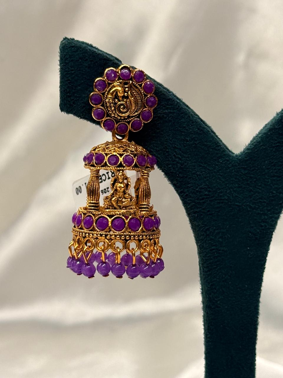 Temple Design Jhumka Earrings with Purple Stones,llb653