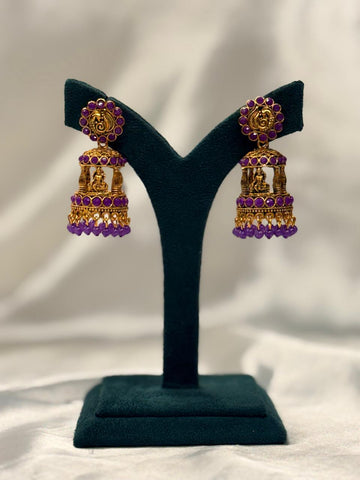 Temple Design Jhumka Earrings with Purple Stones,llb653