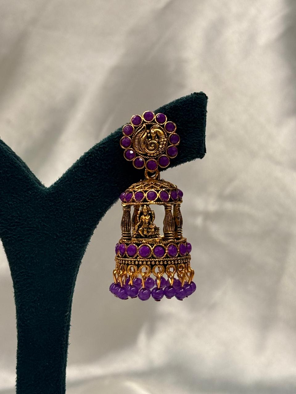Temple Design Jhumka Earrings with Purple Stones,llb653