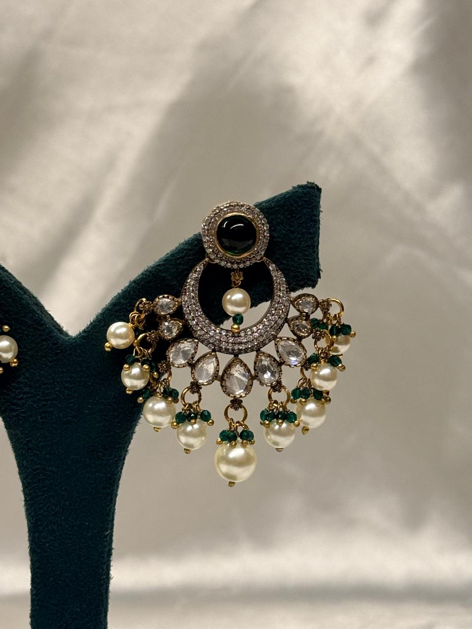 Green Stone Pearl Chandbali Earrings for Women,llb659