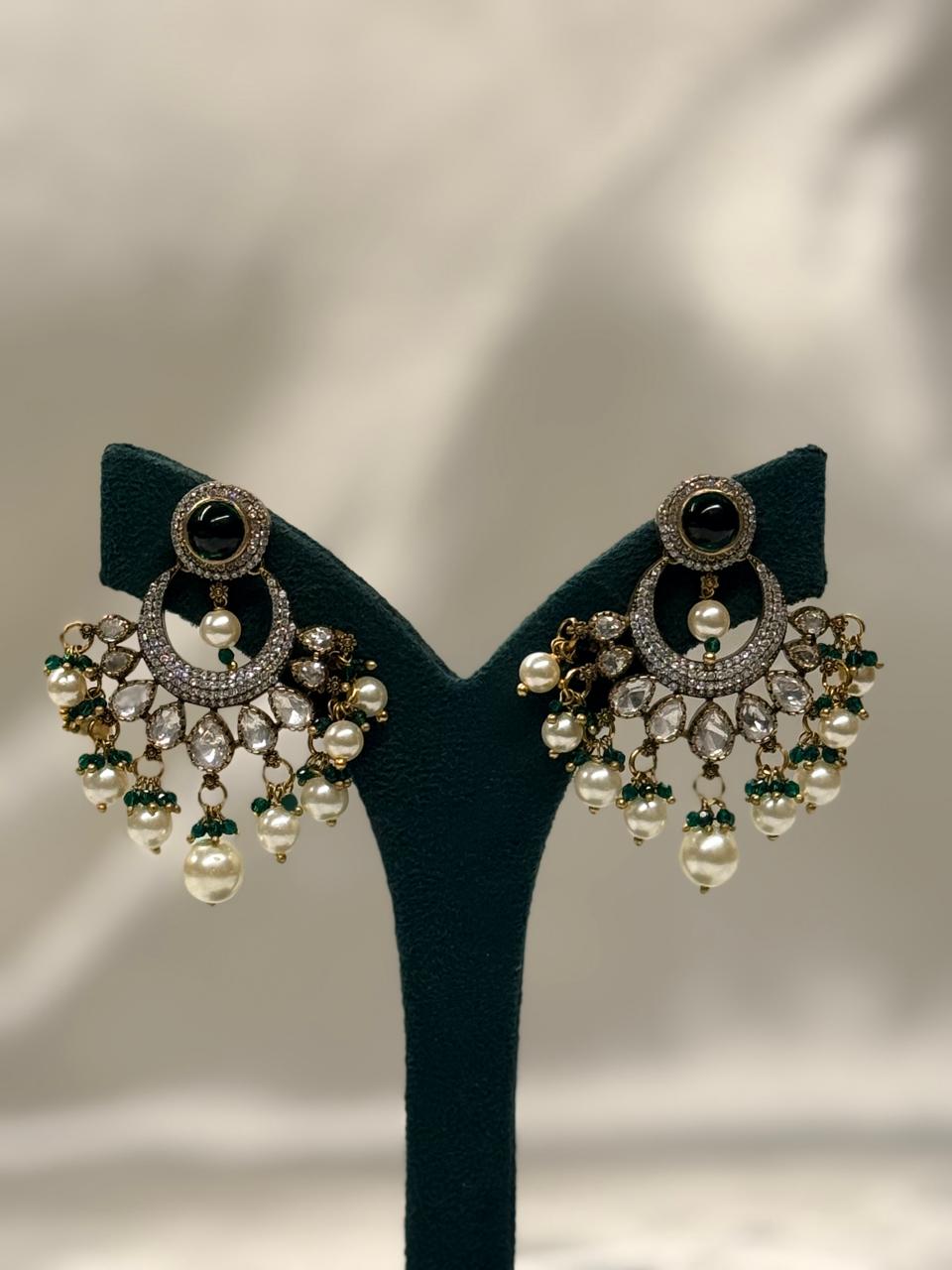 Green Stone Pearl Chandbali Earrings for Women,llb659
