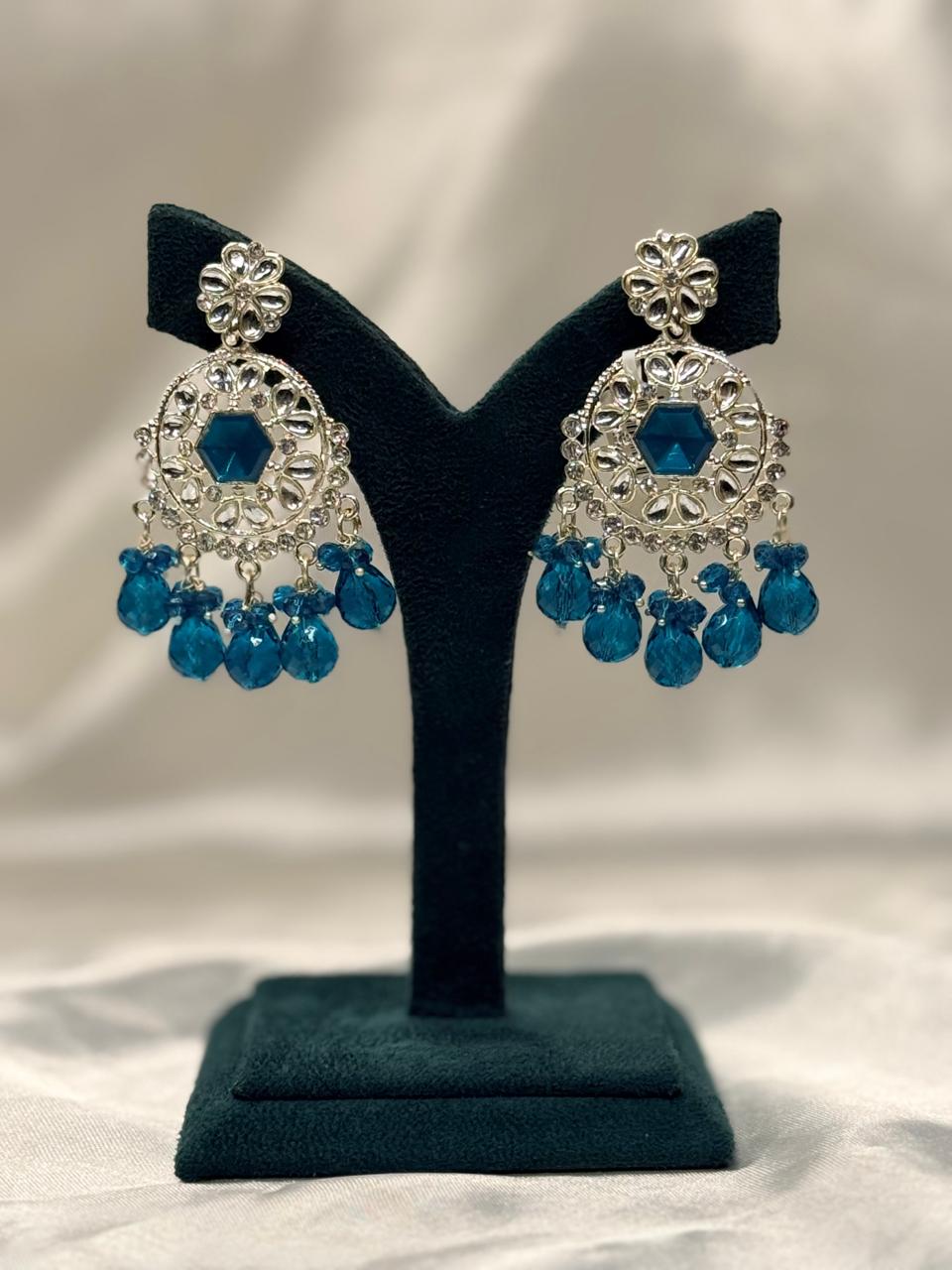 Emerald Green Stone Chandbali Earrings with Crystal & Bead Drops,llb652