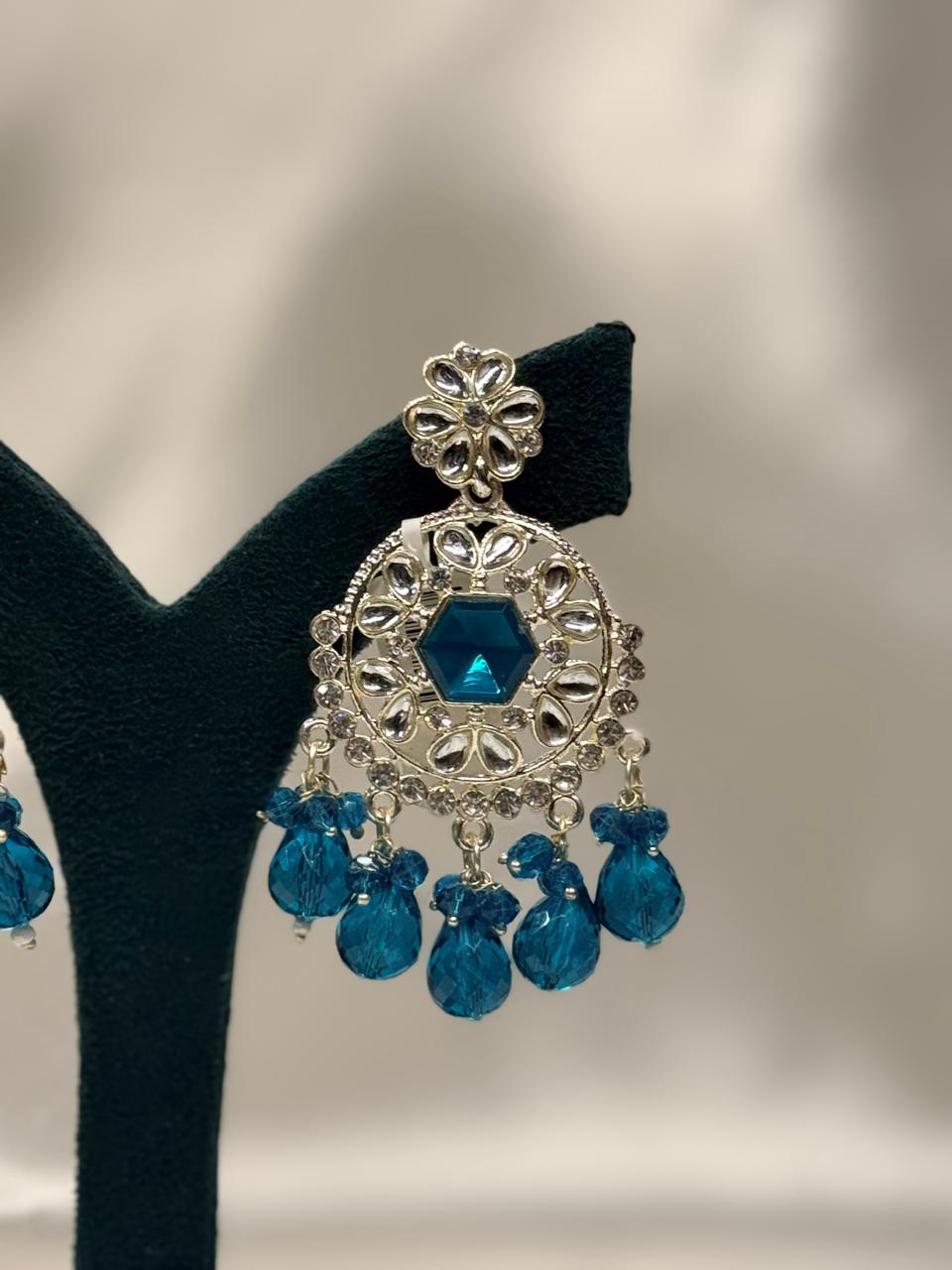 Emerald Green Stone Chandbali Earrings with Crystal & Bead Drops,llb652