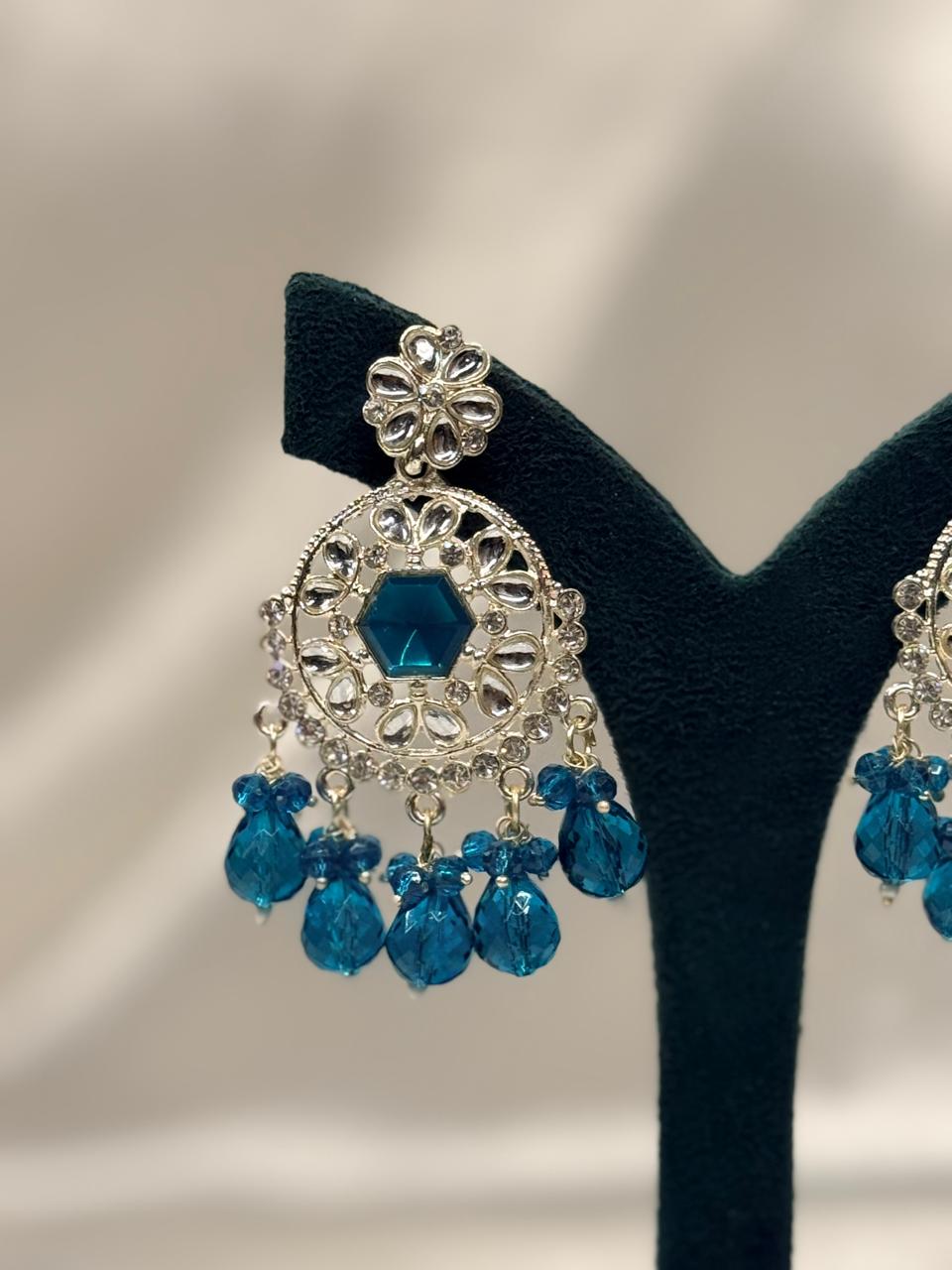 Emerald Green Stone Chandbali Earrings with Crystal & Bead Drops,llb652