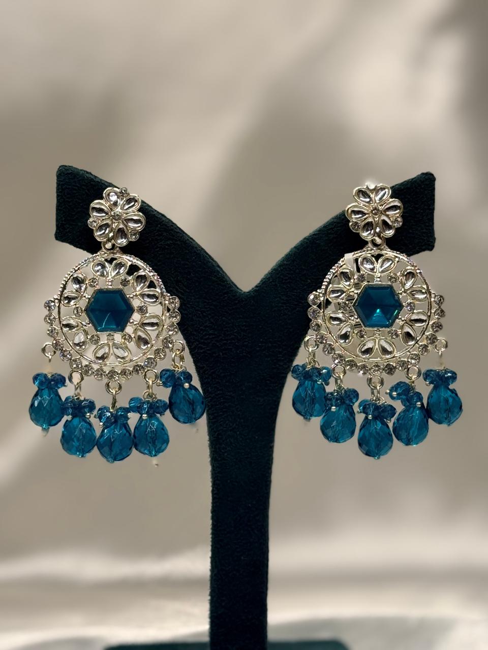 Emerald Green Stone Chandbali Earrings with Crystal & Bead Drops,llb652