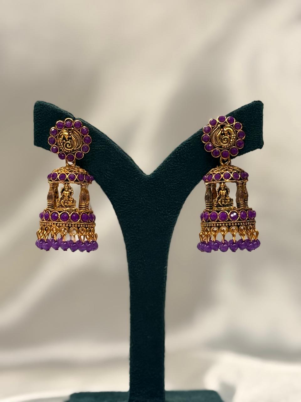 Temple Design Jhumka Earrings with Purple Stones,llb653