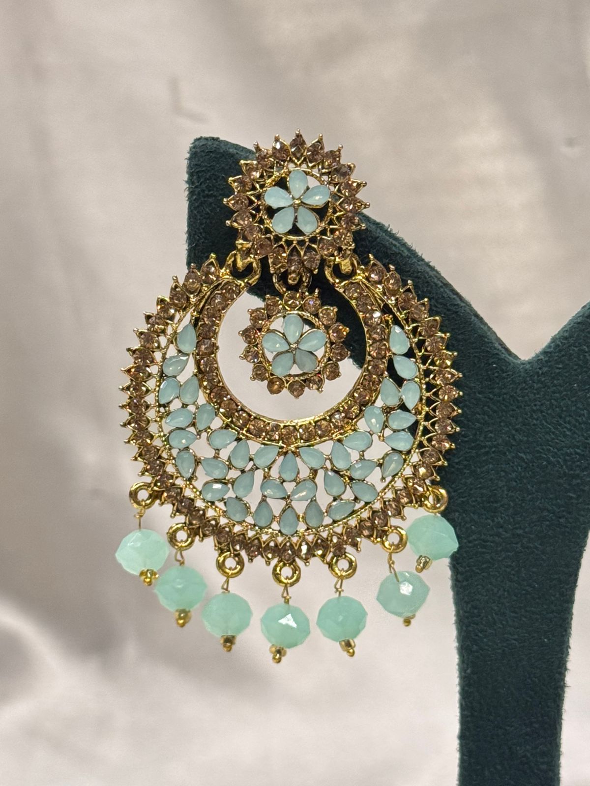 Mint Green Floral Chandbali Earrings with Gold Finish,llb660