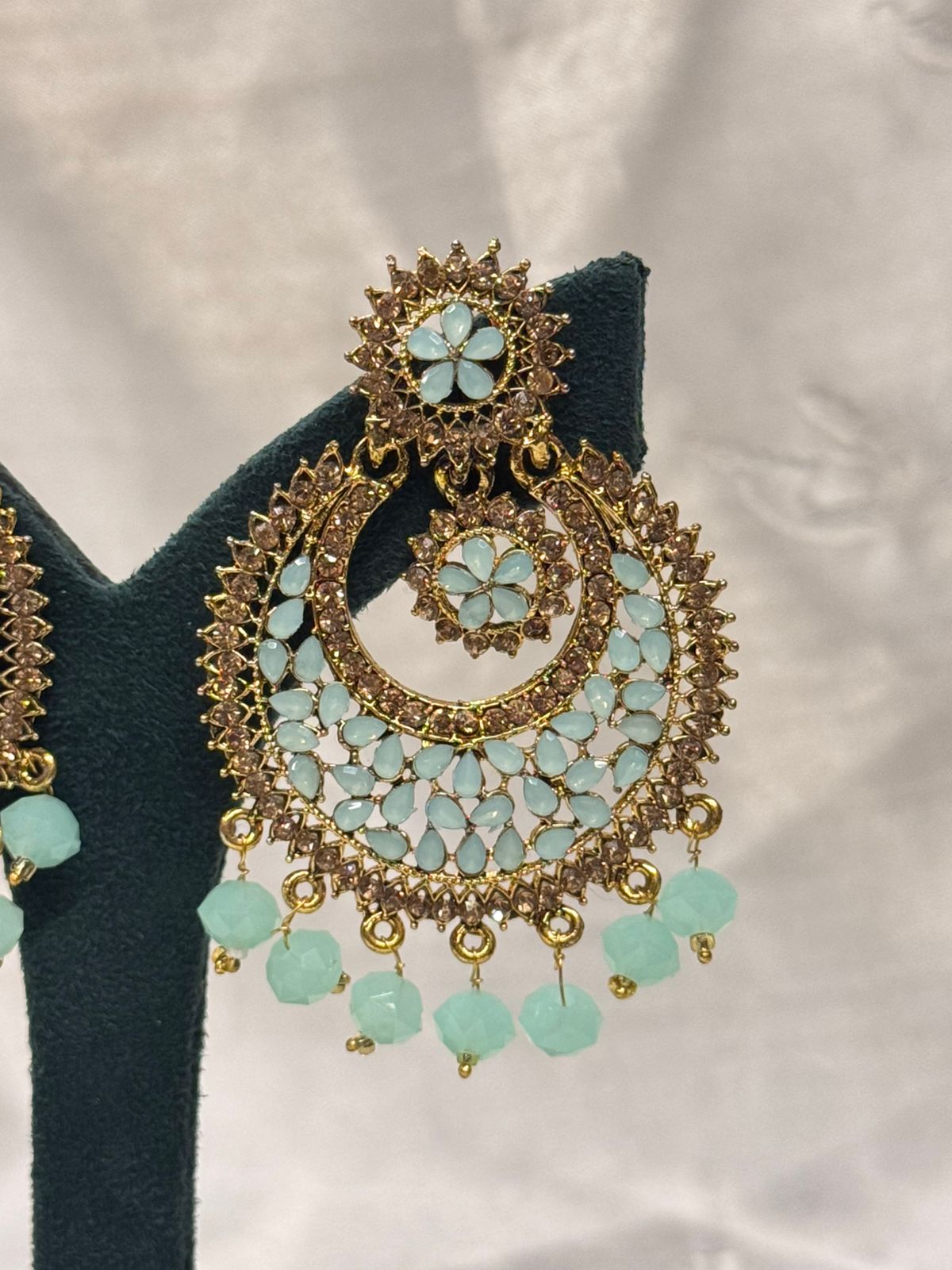 Mint Green Floral Chandbali Earrings with Gold Finish,llb660