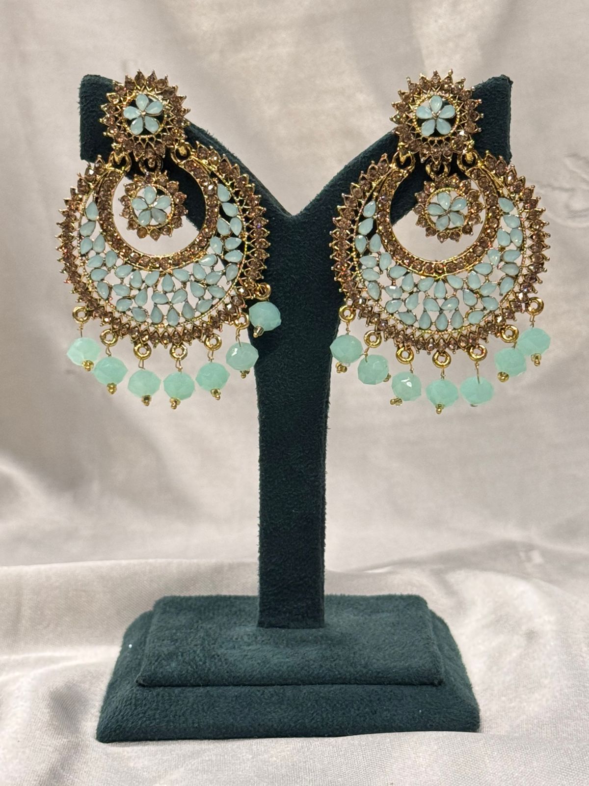 Mint Green Floral Chandbali Earrings with Gold Finish,llb660