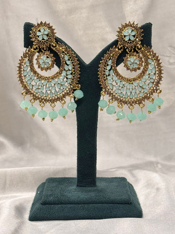 Mint Green Floral Chandbali Earrings with Gold Finish,llb660