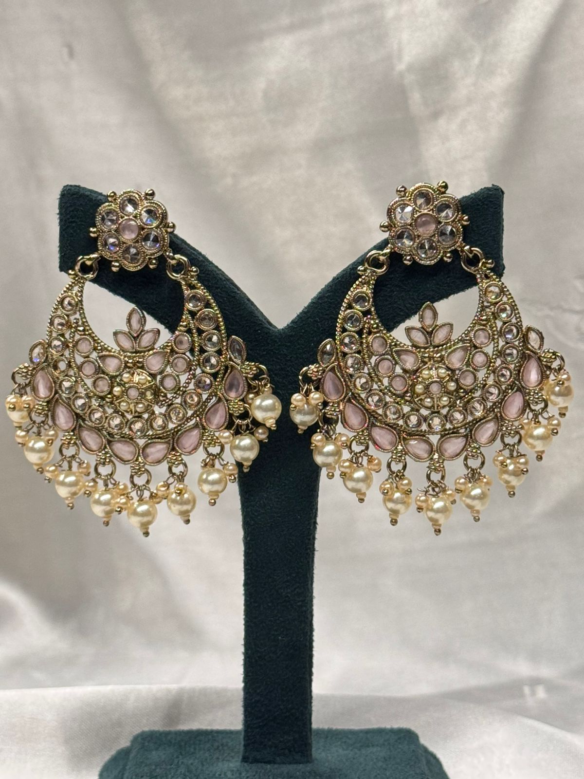 Blush Pink Stone Chandbali Earrings with Pearl Drops,llb661