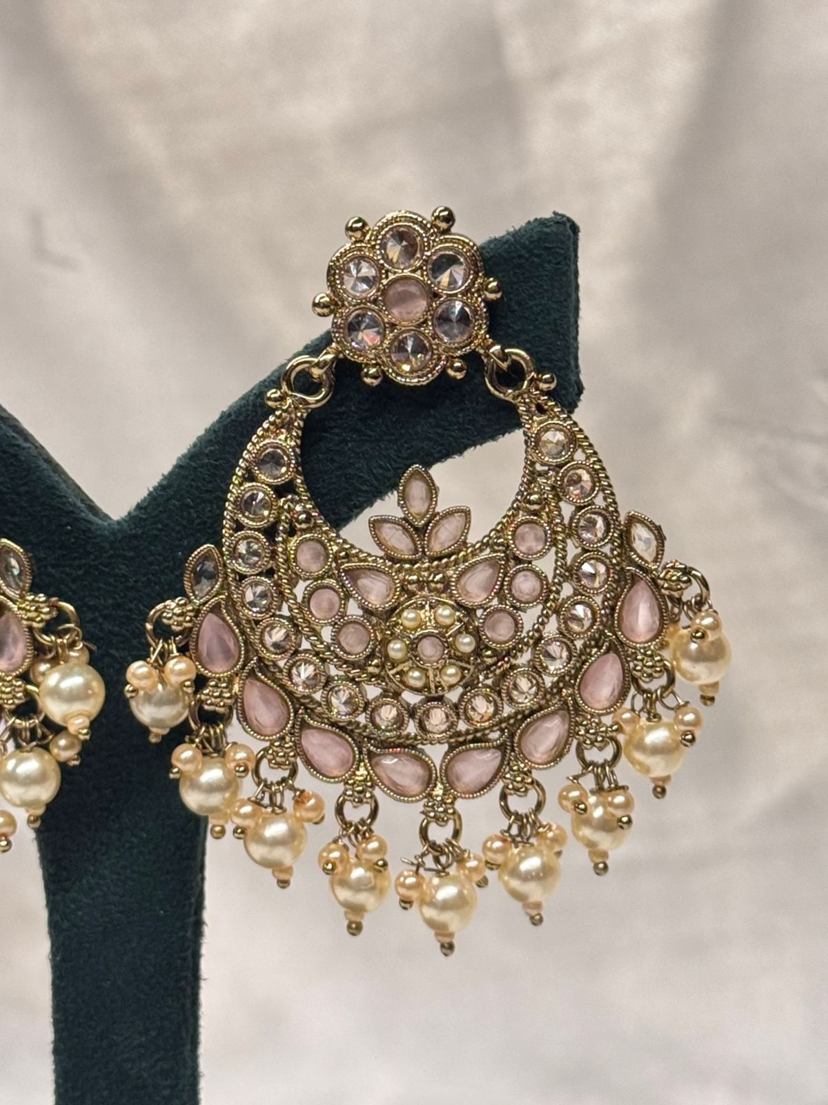 Blush Pink Stone Chandbali Earrings with Pearl Drops,llb661