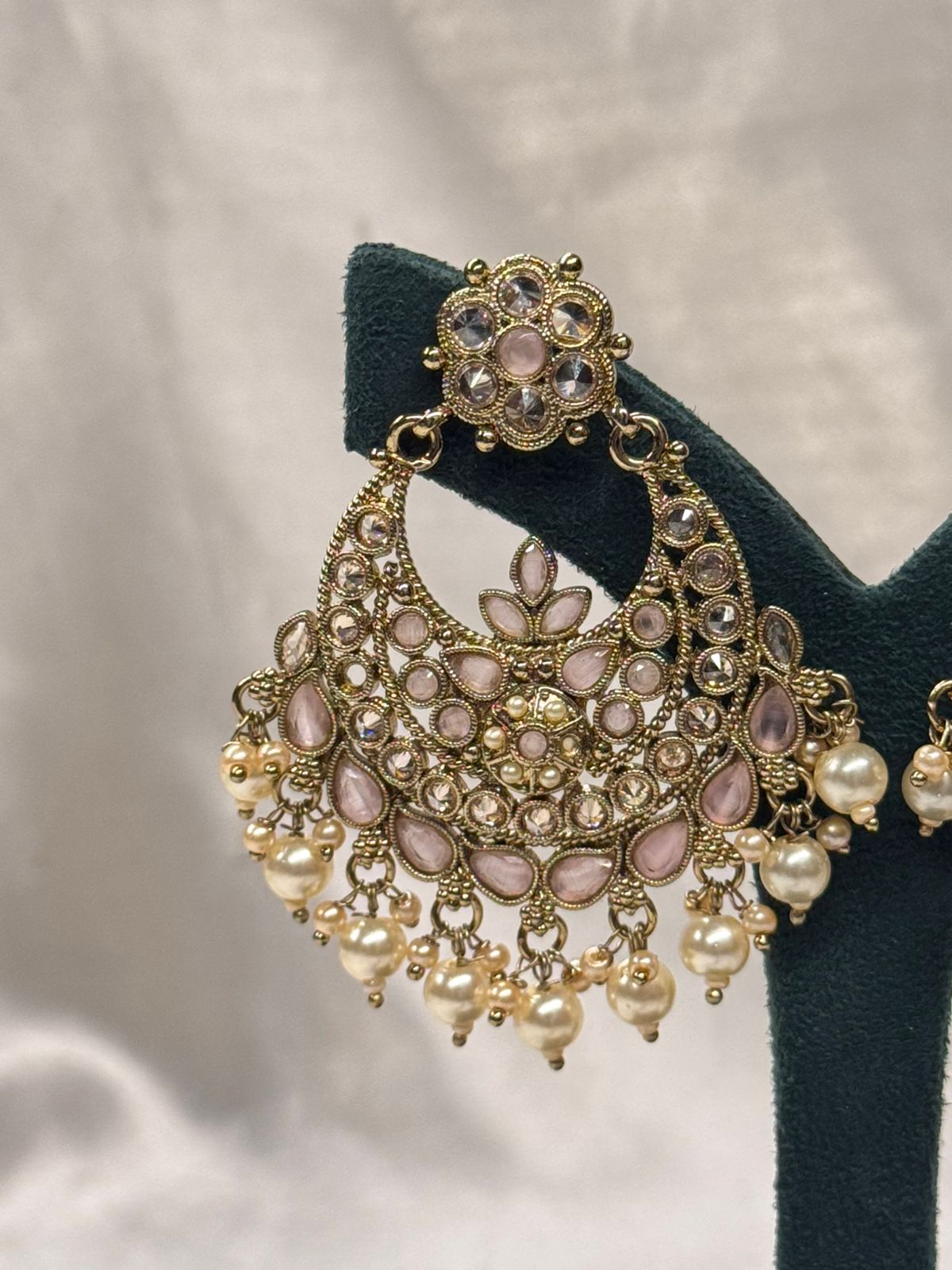 Blush Pink Stone Chandbali Earrings with Pearl Drops,llb661