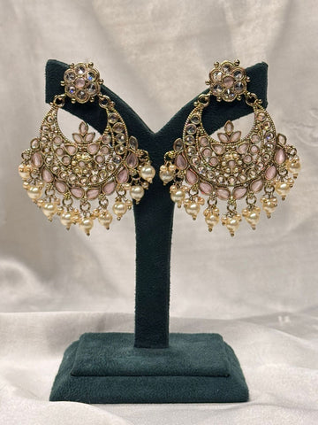 Blush Pink Stone Chandbali Earrings with Pearl Drops,llb661