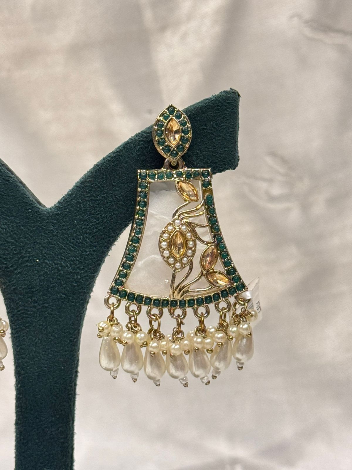 Emerald Green & Pearl Drop Kundan Earrings with Antique Gold Finish,llb669