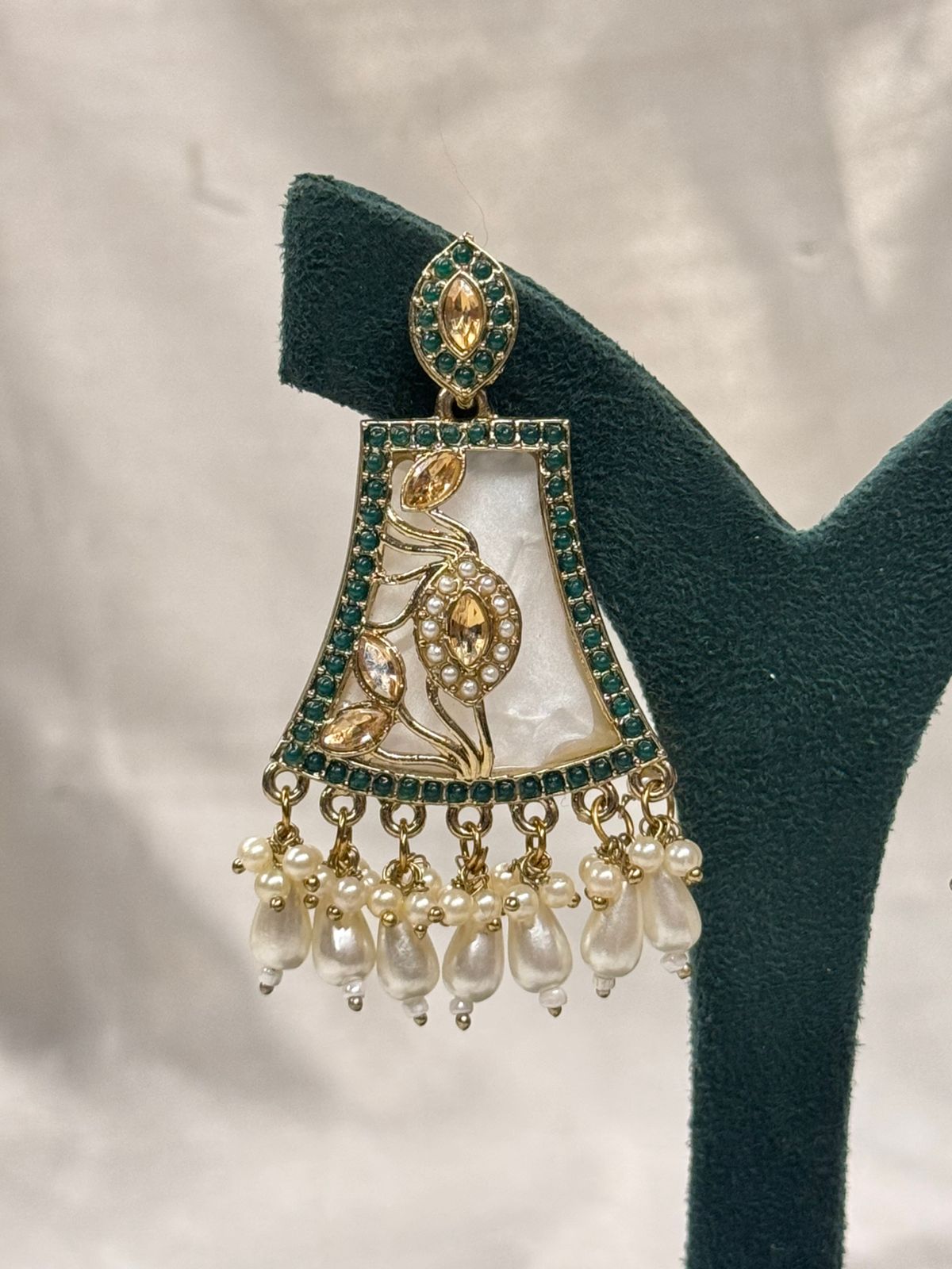 Emerald Green & Pearl Drop Kundan Earrings with Antique Gold Finish,llb669