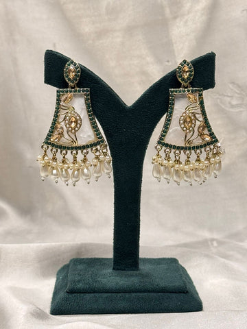 Emerald Green & Pearl Drop Kundan Earrings with Antique Gold Finish,llb669