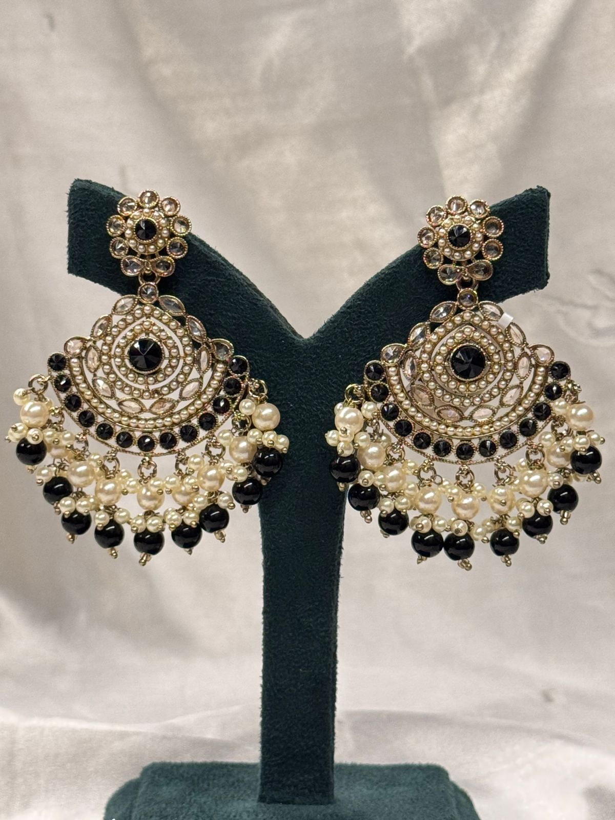 Black Stone & Pearl Chandbali Earrings with Antique Gold Finish,llb664